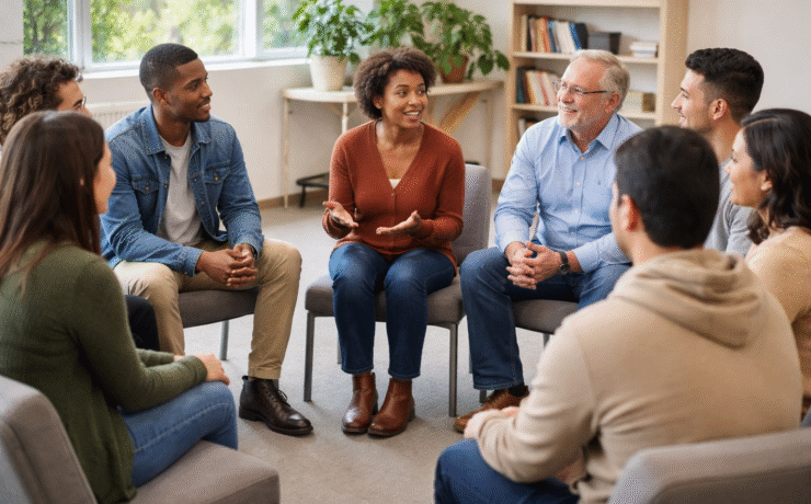 Community support group for addiction recovery, with participants listening and sharing in a circle.