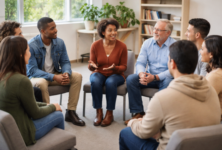 Community support group for addiction recovery, with participants listening and sharing in a circle.